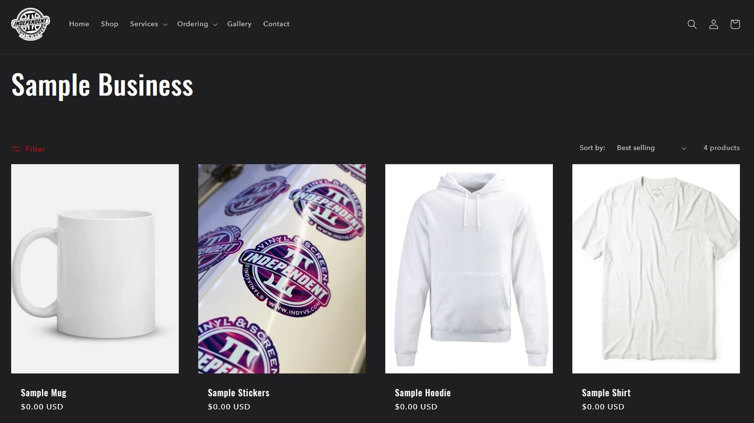 Independent Vinyl and Screen LLC iowa sample webstore digital layout of items