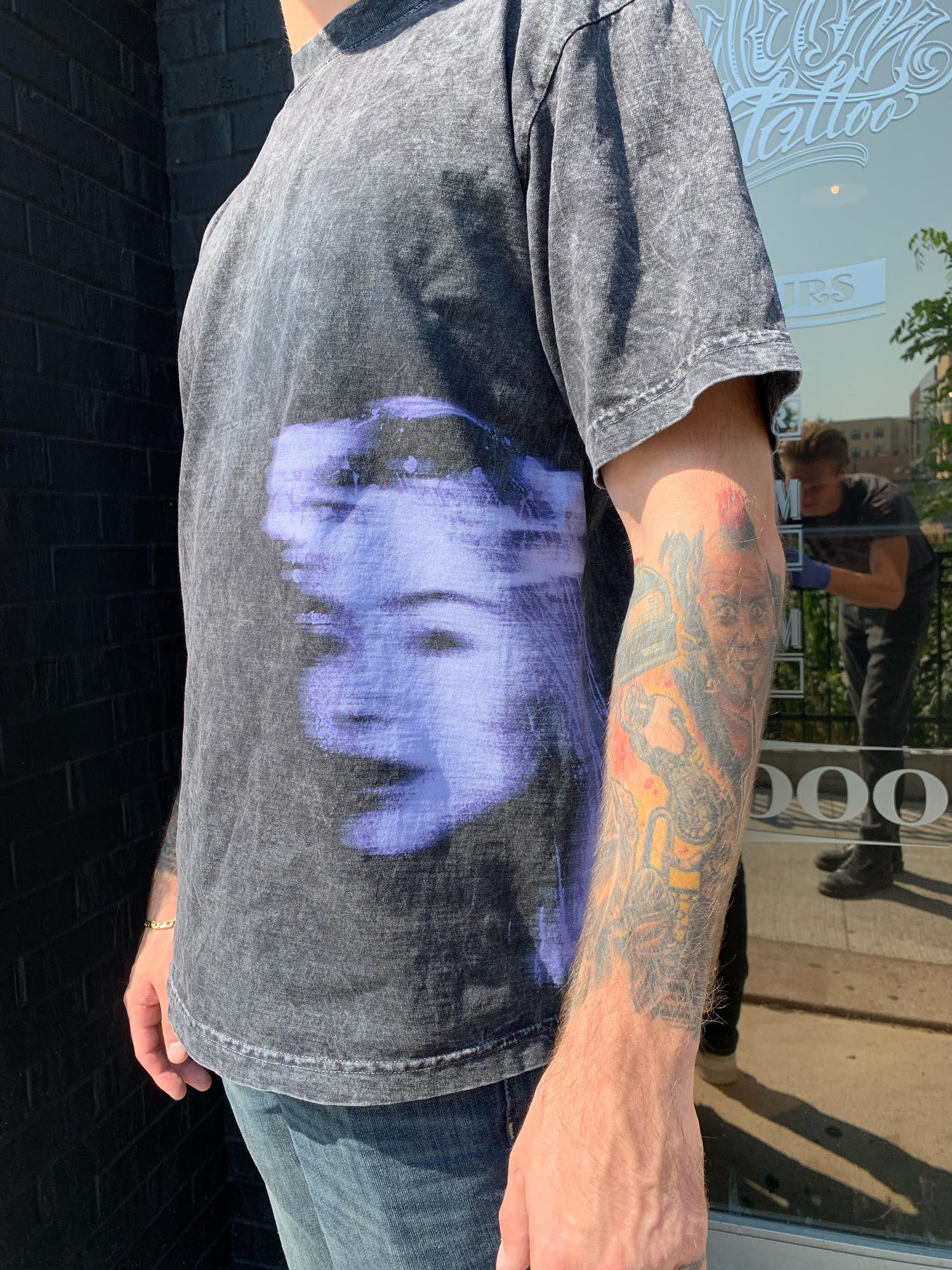 Independent Vinyl and Screen LLC screen print of ghostly woman's face on grey tee shirt t