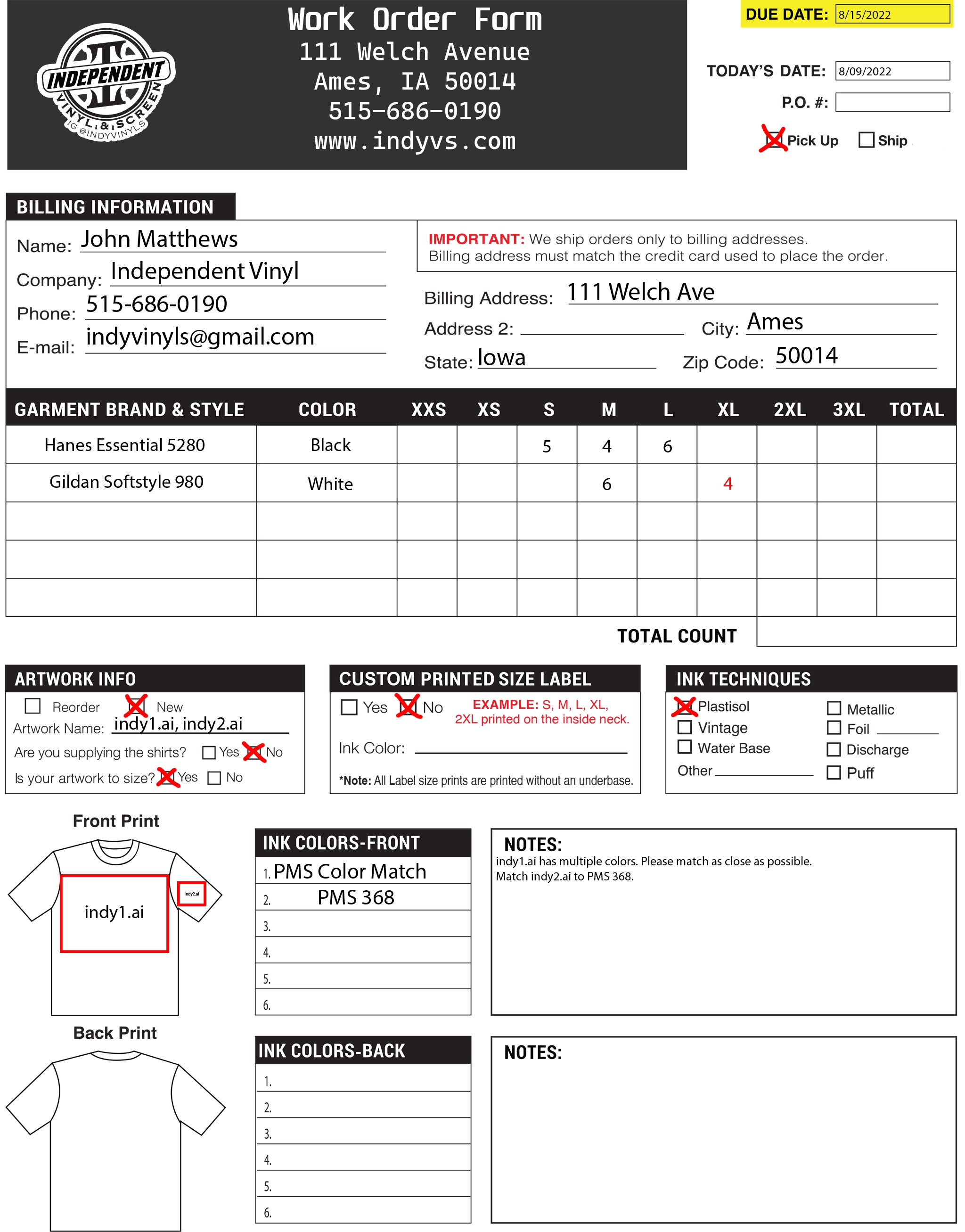 Work Order Fill Out Sticker Order Forms – Independent Vinyl & Screen